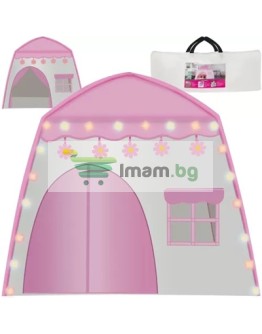 Детска палатка със светещи гирлянди от памучни топки розова